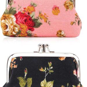 2 Packs Double Pockets Coin Purse Canvas Coin Pouch Rose Pattern Clasp Closure W